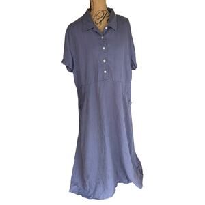 Eddie Bauer 100% Linen Short Sleeve Long Blue Dress Pockets Lagenlook 2XL